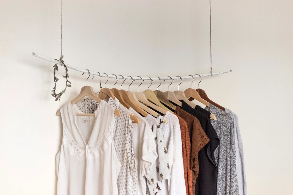 Neutral-toned clothes on wooden hangers along a branch rail against a white wall