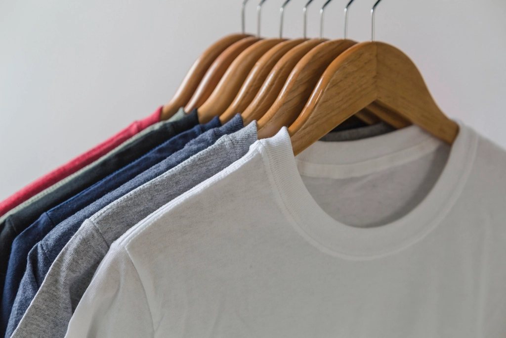 Plain white tee at the front of a row of colored tees on wooden hangers